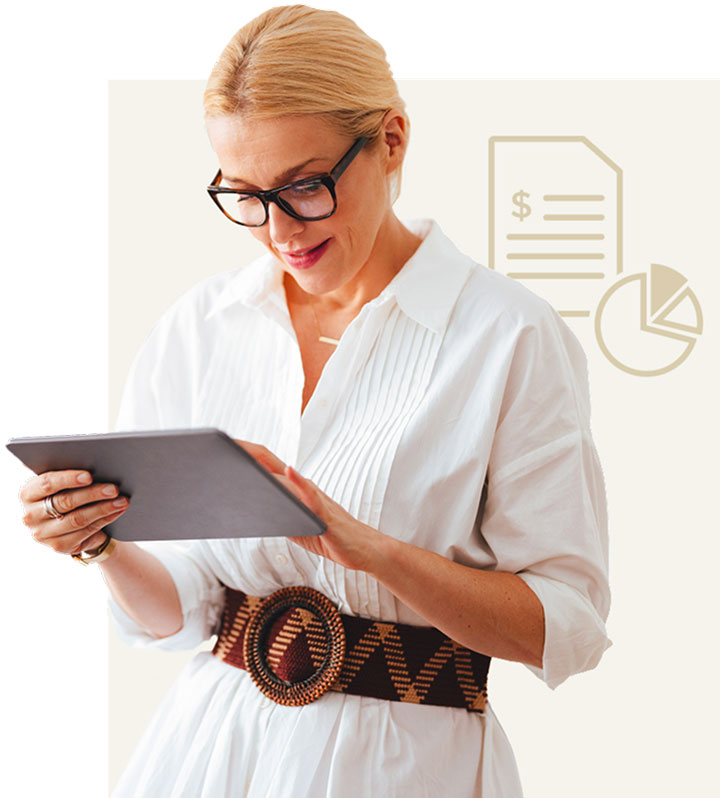 Woman in glasses and a white dress looks at a tablet, with Hilltop Partners finance icons in the background