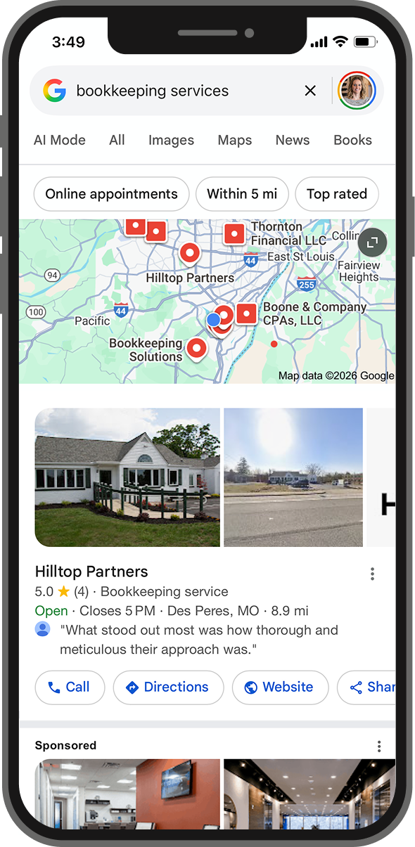 Hilltop Partners website in Google search results for bookkeeping services