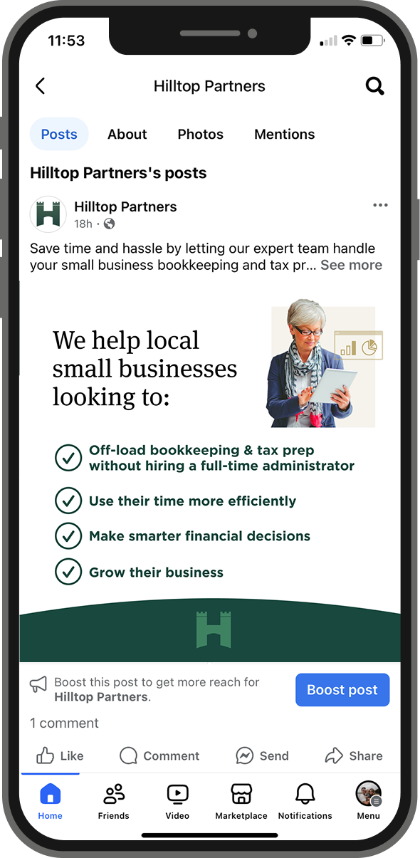 Hilltop Partners Facebook post promoting bookkeeping services for small businesses